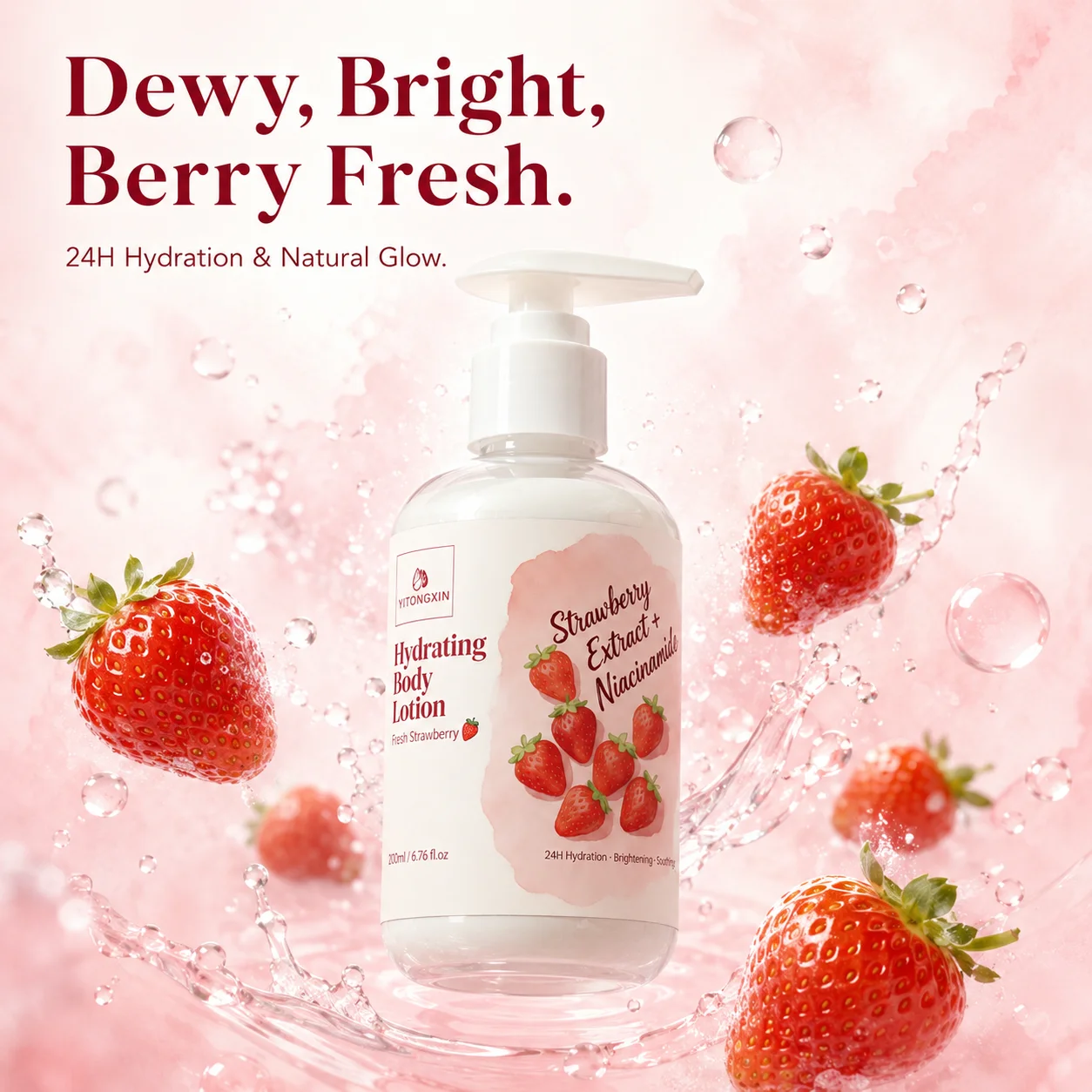 Strawberry Extract Niacinamide Body Lotion 24H Hydrating Brightening Moisturizer Non-sticky Skin Care 220ml