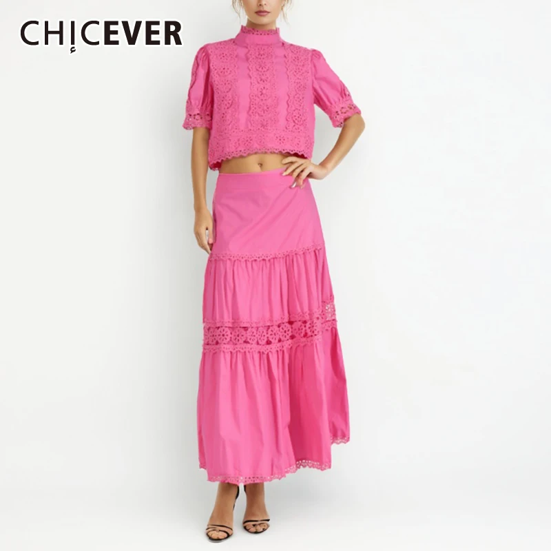 

CHICEVER Solid Elegant Two Piece Set for Women Stand Collar Short Sleeve High Waist Spliced Lace Hollow Summer Outfit Female New