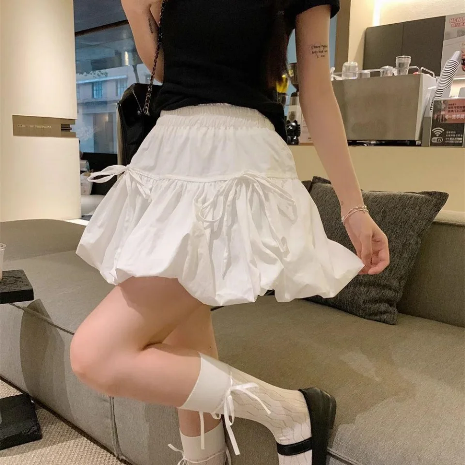 Kawaii Bowknot A Line Skirts Women Korean Style Pleated Bud Short Mini Skirt Spring Summer New Solid Elastic Waist Bubble Skirt
