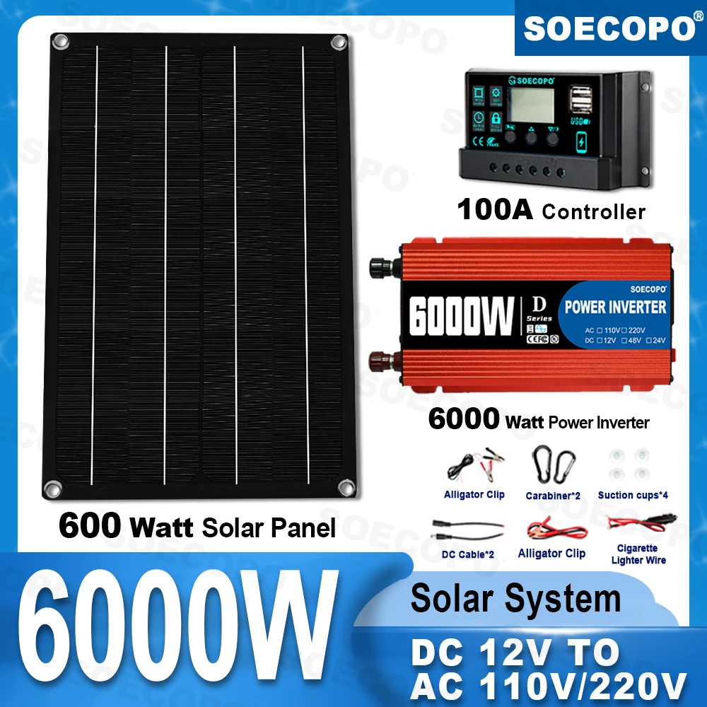 

SOECOPO 6000W Solar Power System Kit 600W Photovoltaic Panel 100A Controller DC 12V To AC 110V/220V Inverter for RV Camping Home