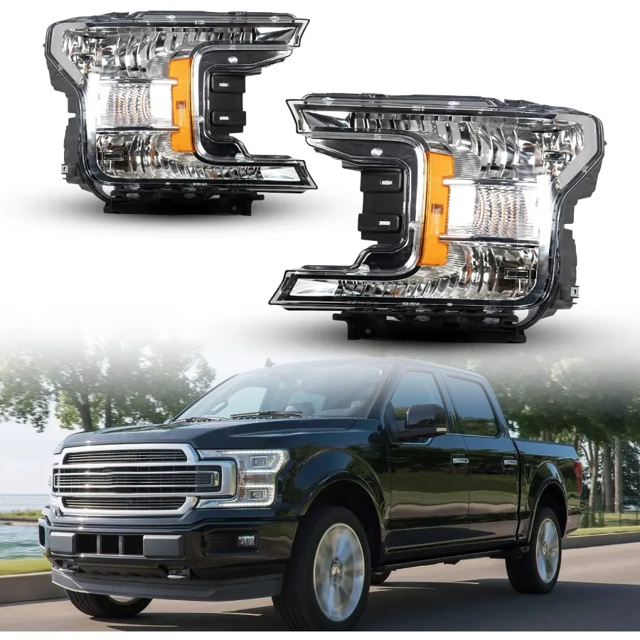 

Headlights for F150 2018-2020 Halogen Head Lights Assembly Replacement Turn Signal Lights High Low Beam 1 Pair Chrome Housing C
