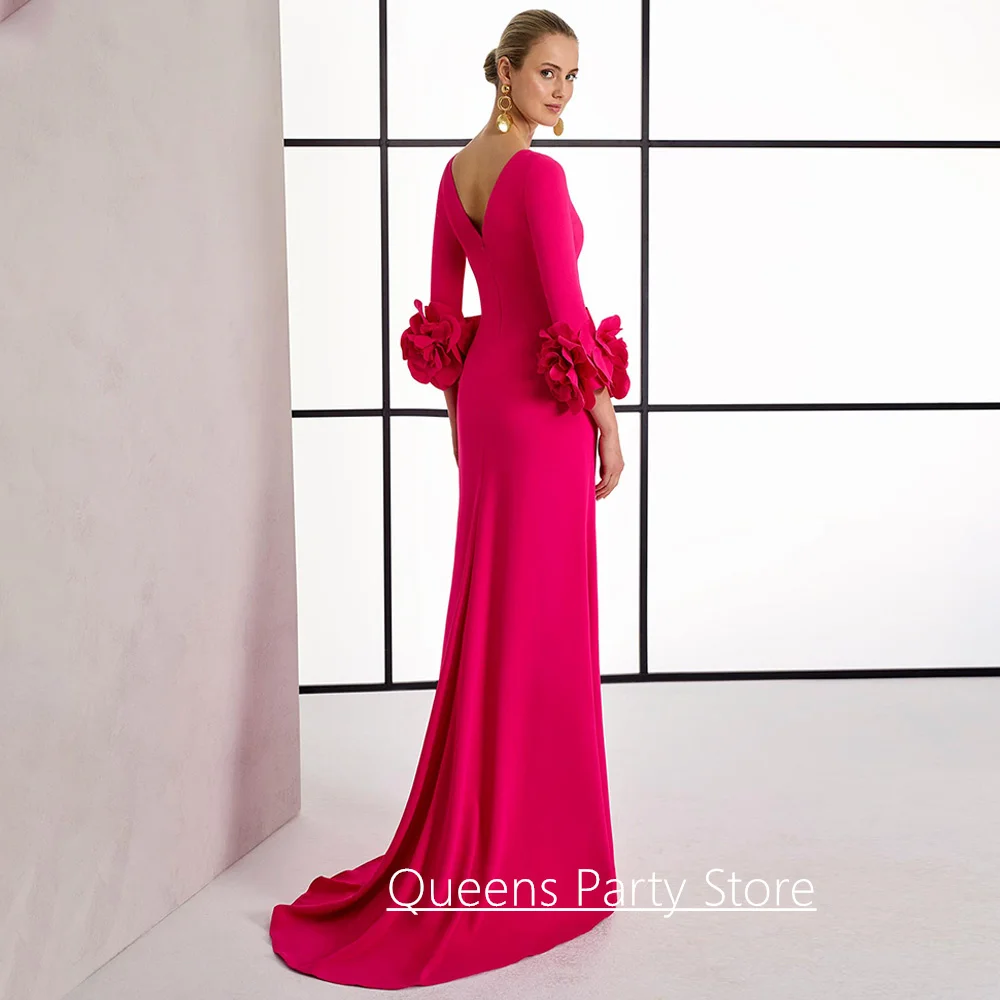 Modern Mermaid Mother of The Bride Dress Customized Scoop Neck Flowers Long Sleeve Slit Pleat Sweep Train Guest Party Gown