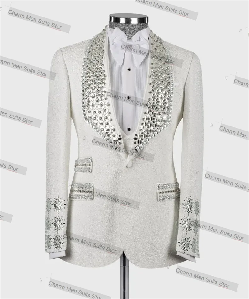 

Crystals Jacquard Men Suits Set Custom Made 2 Piece White Blazer+Black Pants Jacket Office Formal Groom Wedding Tuxedo Prom Coat