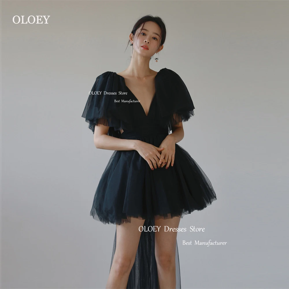 

OLOEY Sexy V-Neck Strapless Black Prom Dress Evening Gown Korea Tulle Bow Long Sashes Wedding Party Dress Photoshoot Above Knee