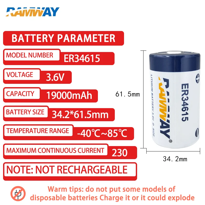 RAMWAY ER34615 D Add SM Plug 3.6V Disposable Lithium Battery Large Capacity Gas Coal Mine Flow Meter IoT Intelligent Water Meter