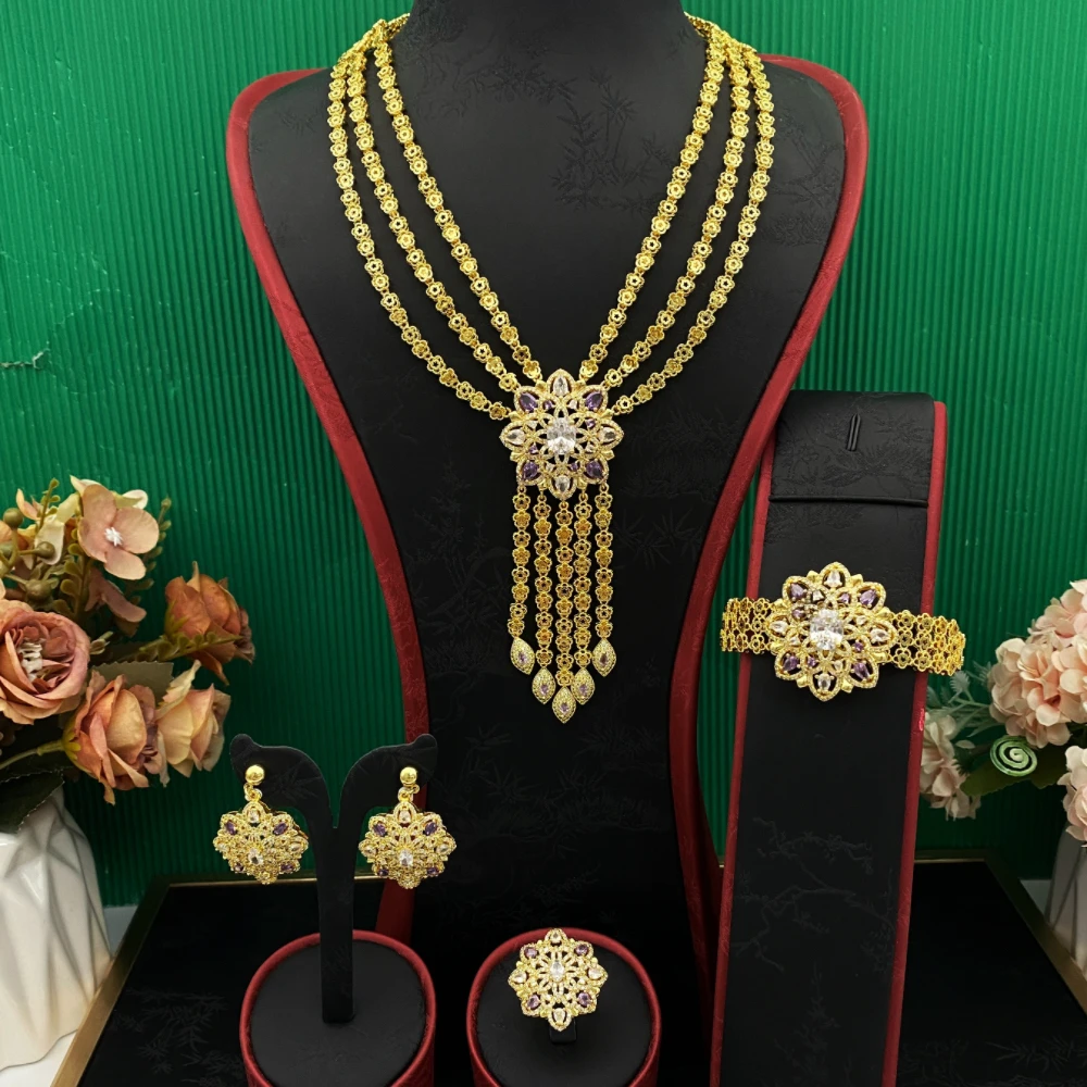 

JRH Gold Plated Copper Women's Jewelry Set Artificial Zircon Floral Design Necklace Bracelet Ring Earring for European Dinner