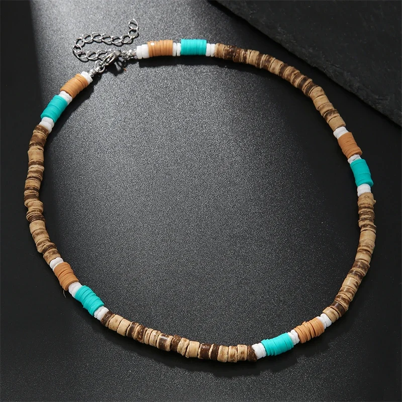 Natural Brown Coconut Shell Beaded Chain Necklace Men Trendy Wood Beads Short Choker Necklace Collar on Neck 2024 Jewelry Male