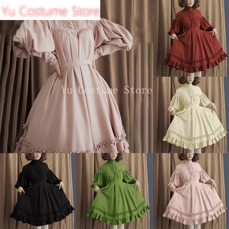 

Yu Costume Lolita Dress for Women Solid Color Half Neck Long Batwing Sleeve Ruffle Flounced Edge Dress with Buttons Autumn Dress