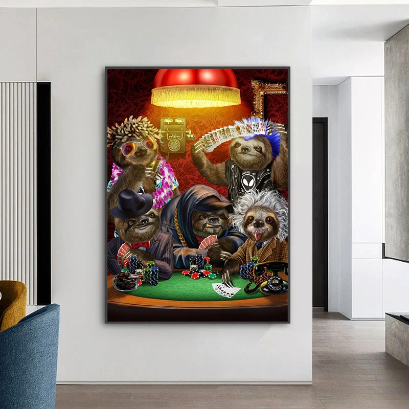 

Funny Sloth Playing Poker Game Canvas Painting Modern Playing Poker Poster Funny Animals Wall Art Room Decor Picture No Frame