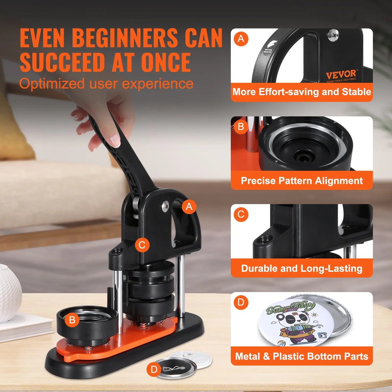 Button Maker Machine, 2.28 Inch 58mm Pin Maker With 100pcs Button Parts, Ergonomic Arc Handle Punch Press Kit, Button Maker