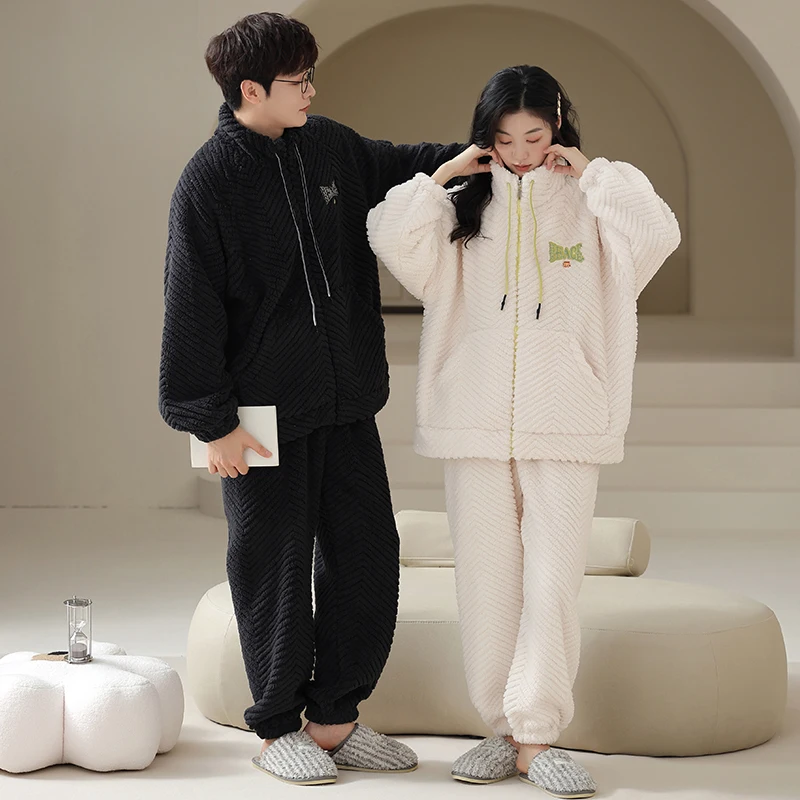 High Quality Couple Pajama Set Thick Warm Men And Women Flannel Sleepwear Casual Homewear Cardigan Zipper Home Clothes