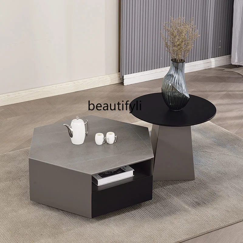 

zqNordic Italian Stone Plate Coffee Table Hexagonal Gray Paint Small Apartment Coffee Table