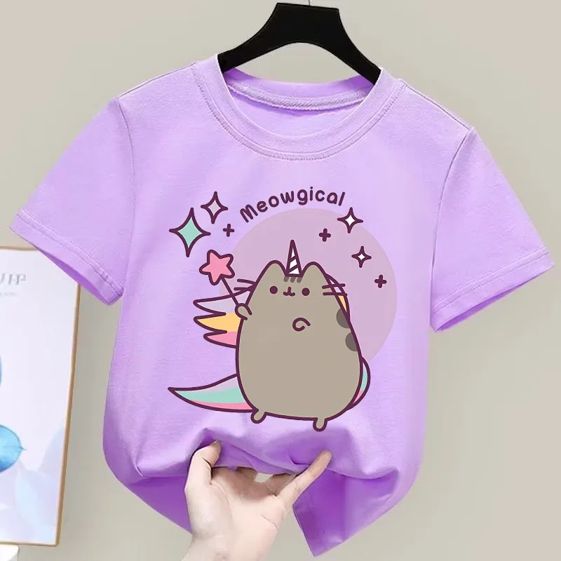 

Футболка для девочек с принтом Pusheens, хлопковые футболки, летняя детская одежда, топы с героями мультфильмов, модные студенческие топы с короткими рукавами, подарок на день рождения для детей