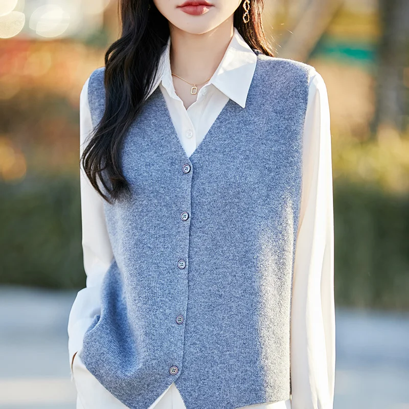 Rompi Wol Murni 100% Rompi Rajutan Kardigan Wanita 2025 Jaket Longgar Baru Rompi Joker Sweter Tanpa Lengan Kerah V Warna Solid