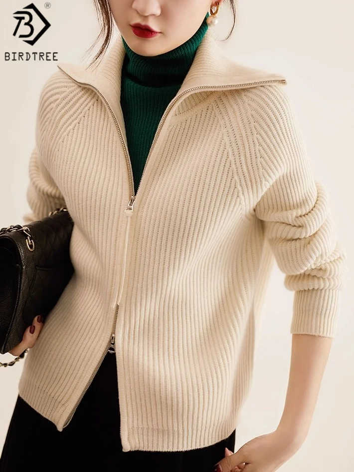 

Birdtree 90% Wool 10% Cashmere Zipper Cardigan,Woman Wool Blend Full Sleeve Lapel Collar Single Breasted White Knit CoatT58923JF