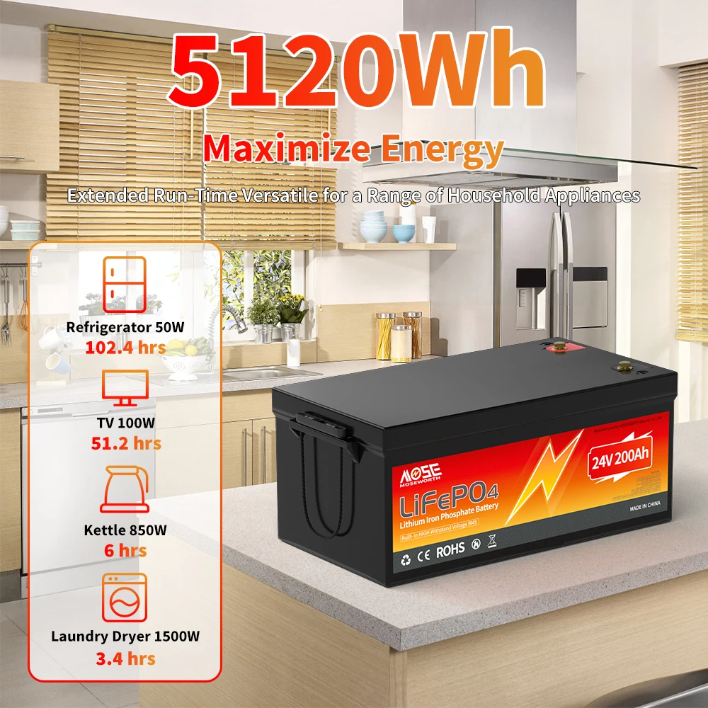 MOSEWORTH 24V 200Ah LiFepo4 Battery Built in 200A BMS Rechargeable Lithium Batteries for Boat Marine RV Solar Trolling Motor