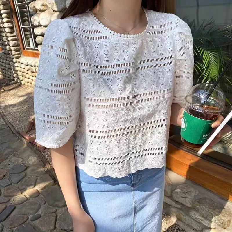 

Корейский Sle Chic, летний винтажный круглый светильник с тяжелой вышивкой и вышивкой, дизайн ort Sve Lace irt, женский свободный крой Comm...