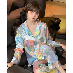 Printed Silk Pajama Sets Women Long Sleeve Cardigan Pants Two Pieces Sets Loungewear High-end Nightwear Sleepwear Thin Suits