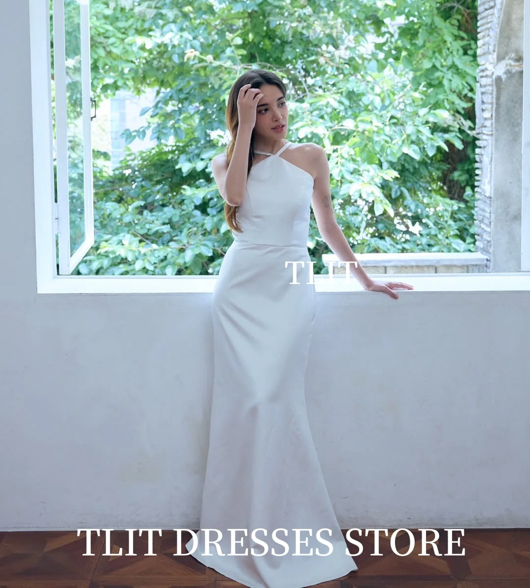 TLIT Simple White Silk Satin Wedding Dresses Halter Mermaid Bridal Gowns Korea Wedding Dresses Photo Shoot Customized 웨딩드레스