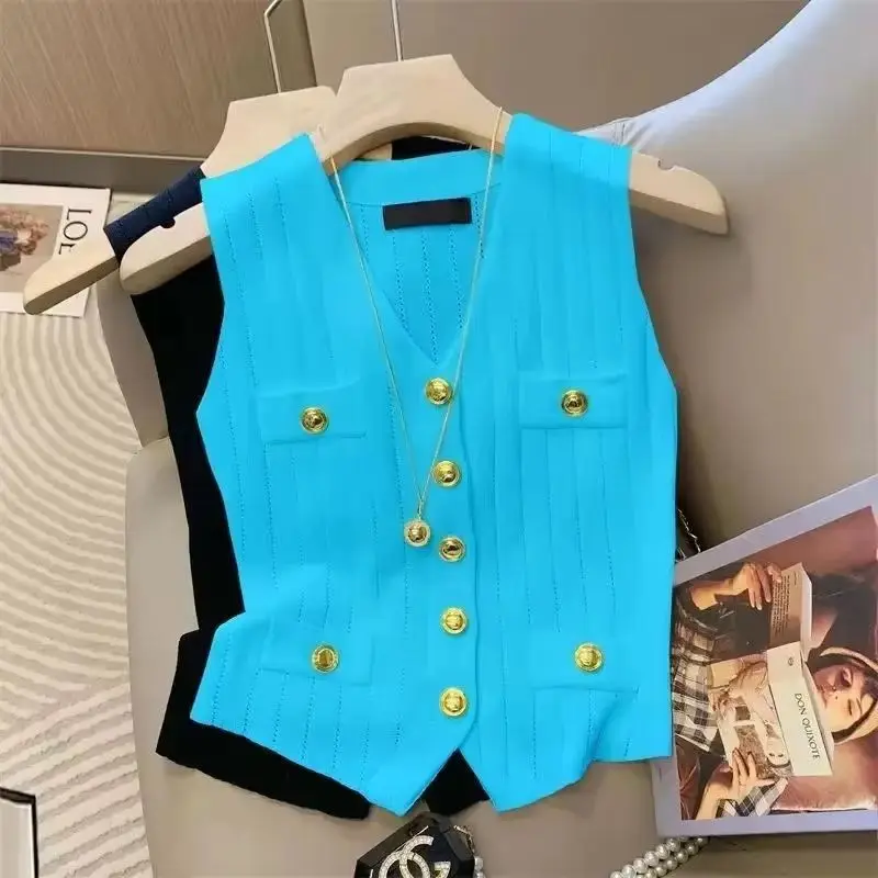 2025 Spring Autumn Elegant V-neck Be All-match Ladies Sweater Vest Jacket Temperament Women's Knitting Cardigan Waistcoat Top