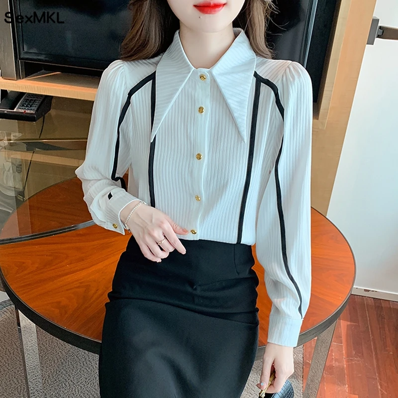 

Elegant Long Sleeve Chiffon Shirts Women Autumn Winter Korean Fashion Clothing Blusas Mujer Striped Office Ladies Tops Blouses