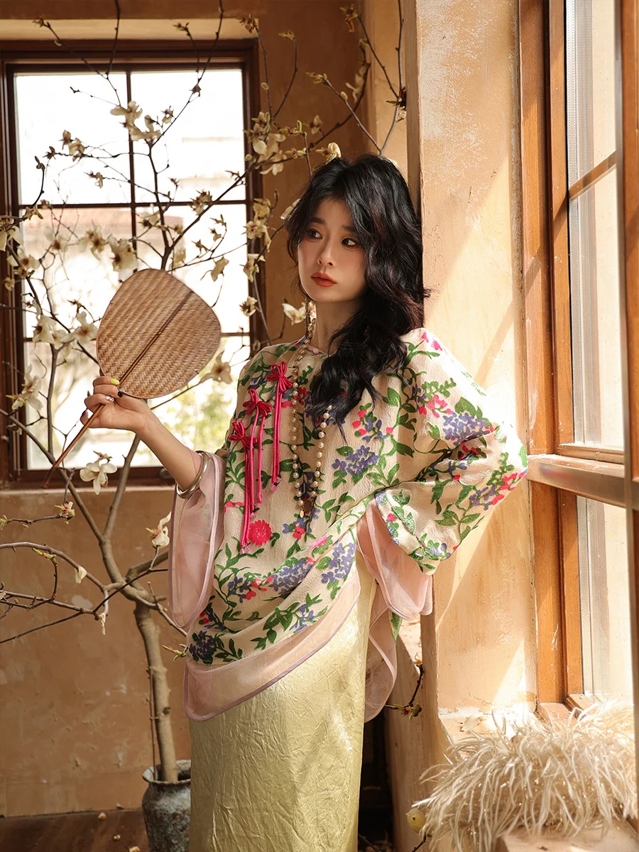 

Новая китайская асимметричная шелковая блузка с цветочным принтом для женщин, свободного кроя, с длинными рукавами