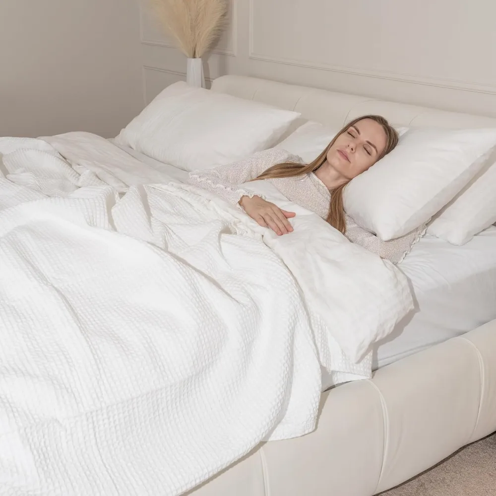 بطانية توأم بيضاء من القطن العضوي - نسج الوافل، 100% قطن عضوي، بطانية خفيفة الوزن قابلة للتنفس للأسرّة المزدوجة والتوأم XL