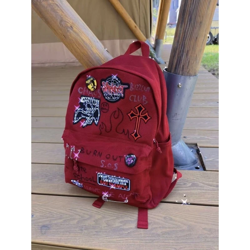 Gothic Rock Backpack For Men And Women Large Capacity Canvas Casual Backpack With Metal & Patchwork Accents for Daily Use