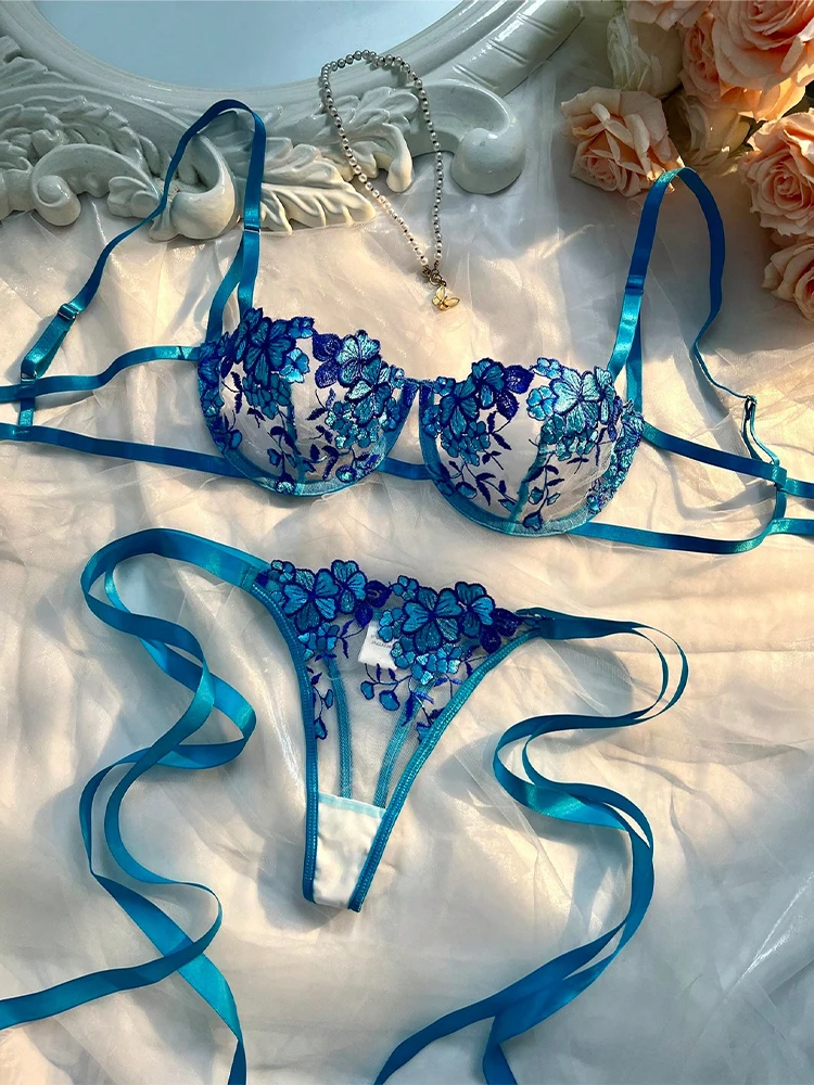 Lady Floral Embroidery Lingerie See Through Exotic Sets Women Open Anal Sheer Bra and Brief Underwear Sexy Intimates Underwear