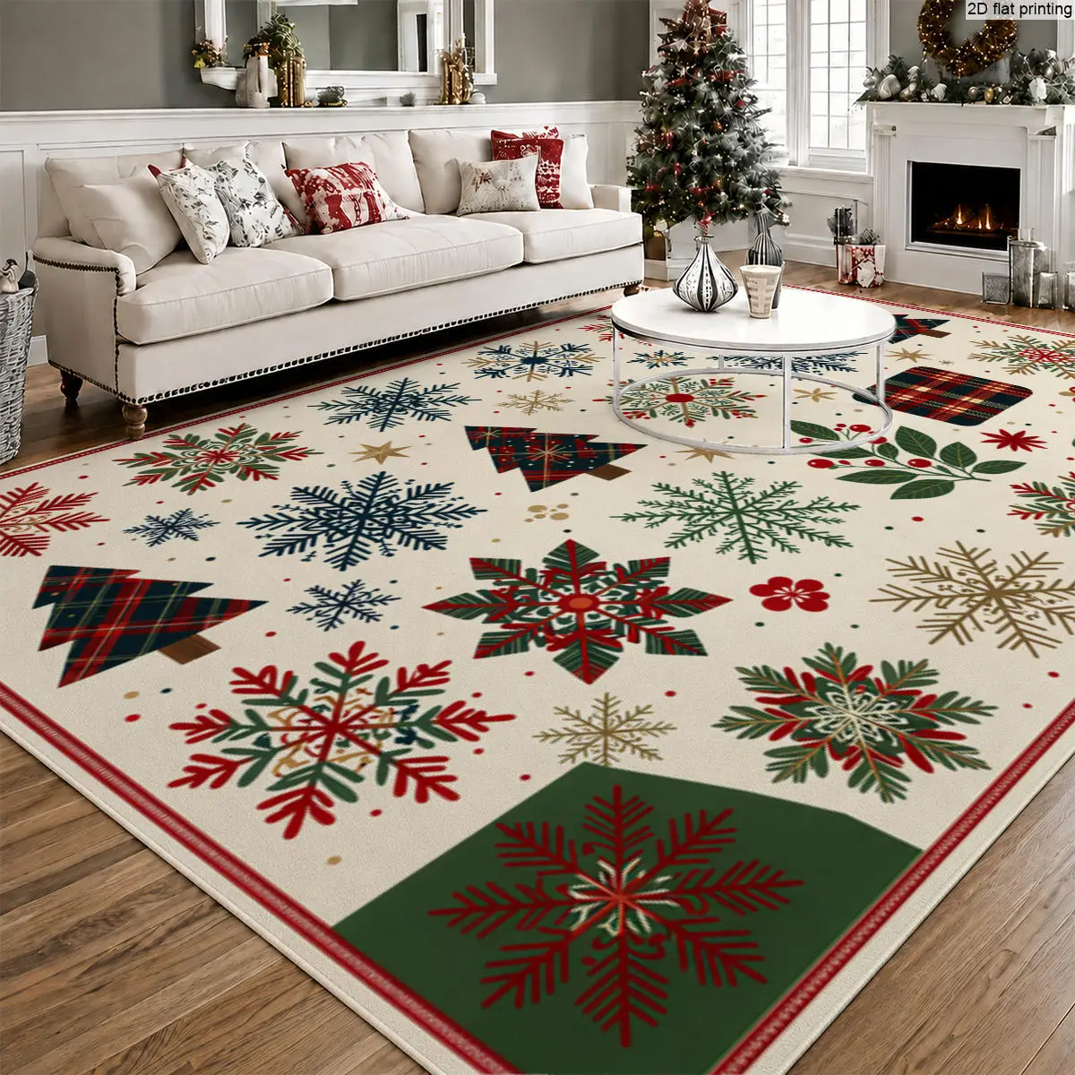 1pc Large Christmas All-Season Rug, Plaid Snowflake Tree Holly Berry Pattern, Soft Machine Washable, Jumbo Sizes,for Living Room
