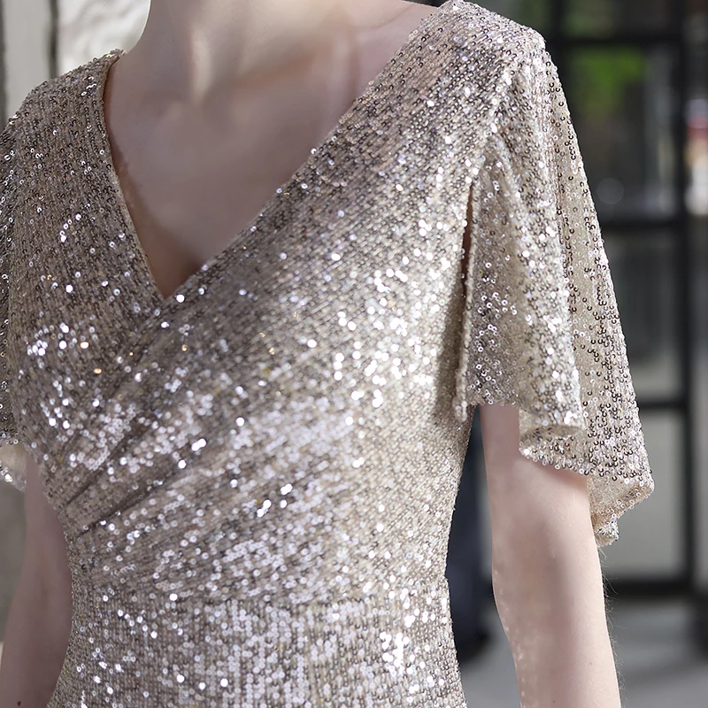 Vestido de noche elegante para mujer, manga acampanada, cuello en V, blanco, negro, con lentejuelas, para cóctel, boda, hasta la rodilla, vestidos de sirena 2025