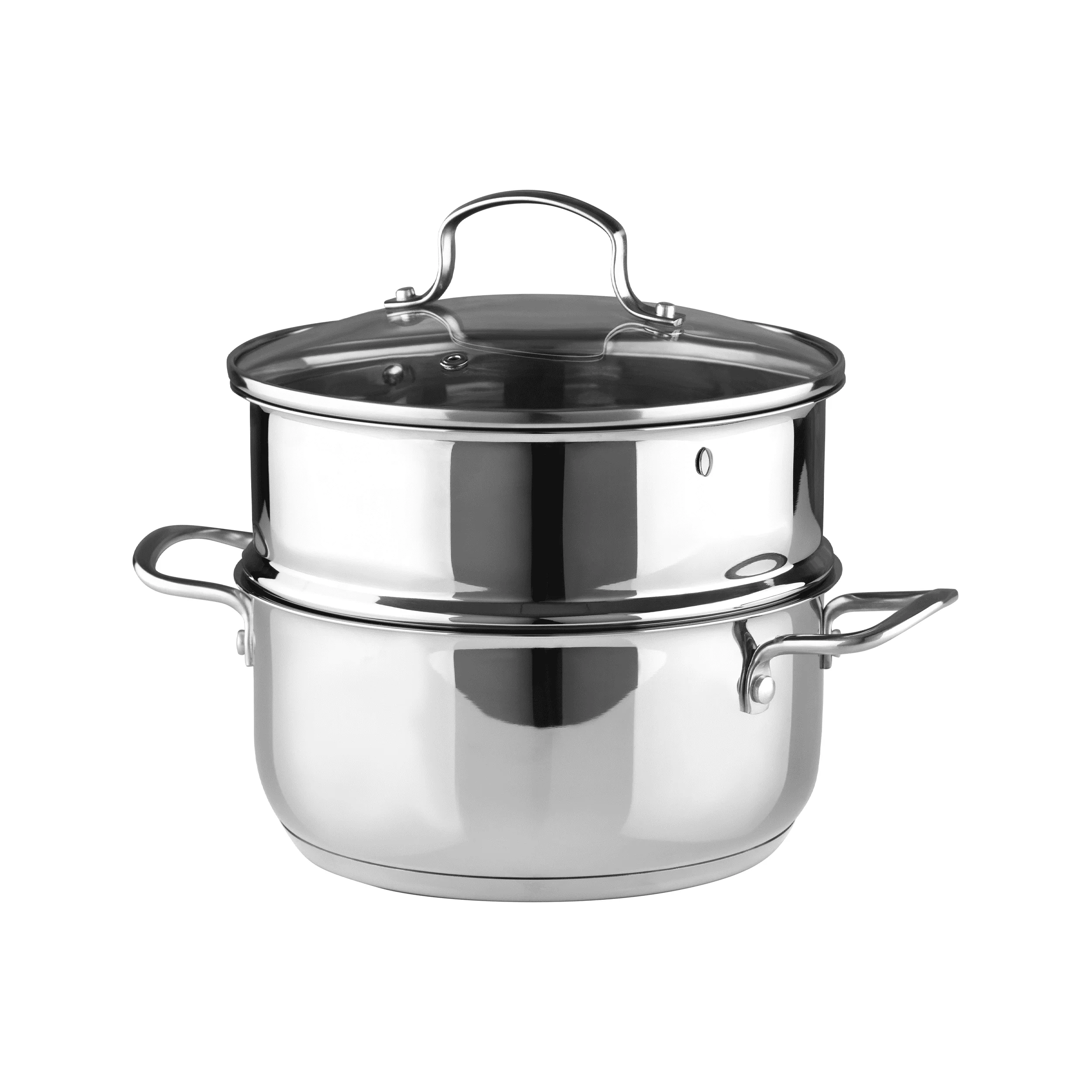 

Essentials 2.6 Qt Covered Stainless Steel Soup Pot with Steamer Insert and Vented Glass Lid, 2.6 Quart, Polished