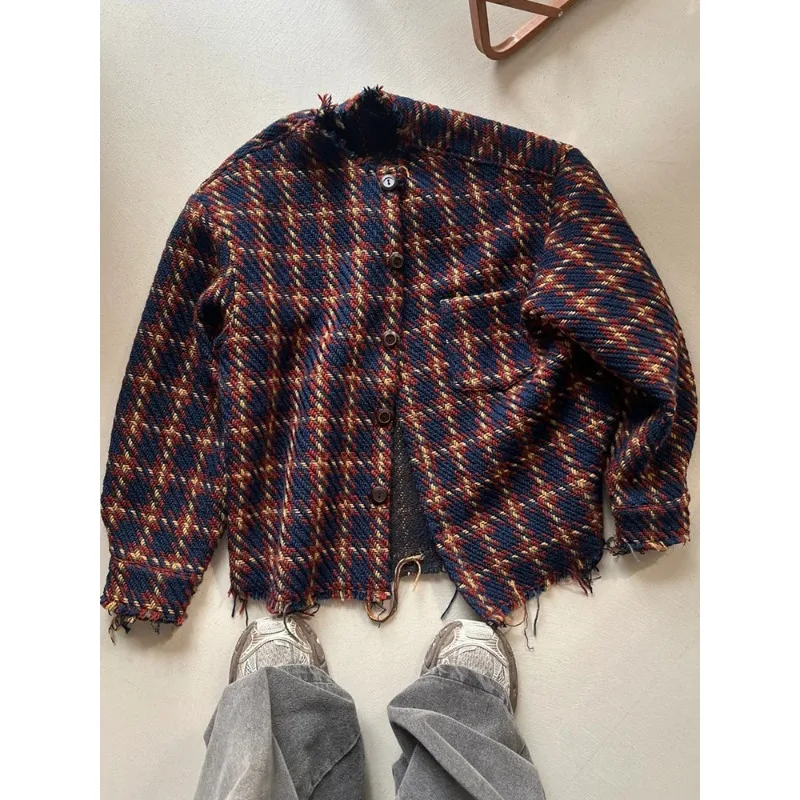 

Cleanfit Contrast Knitted Jacket for Unisex Spring and Autumn O-neck Long Sleeve American Couple Loose Shirts Street Casual Tops