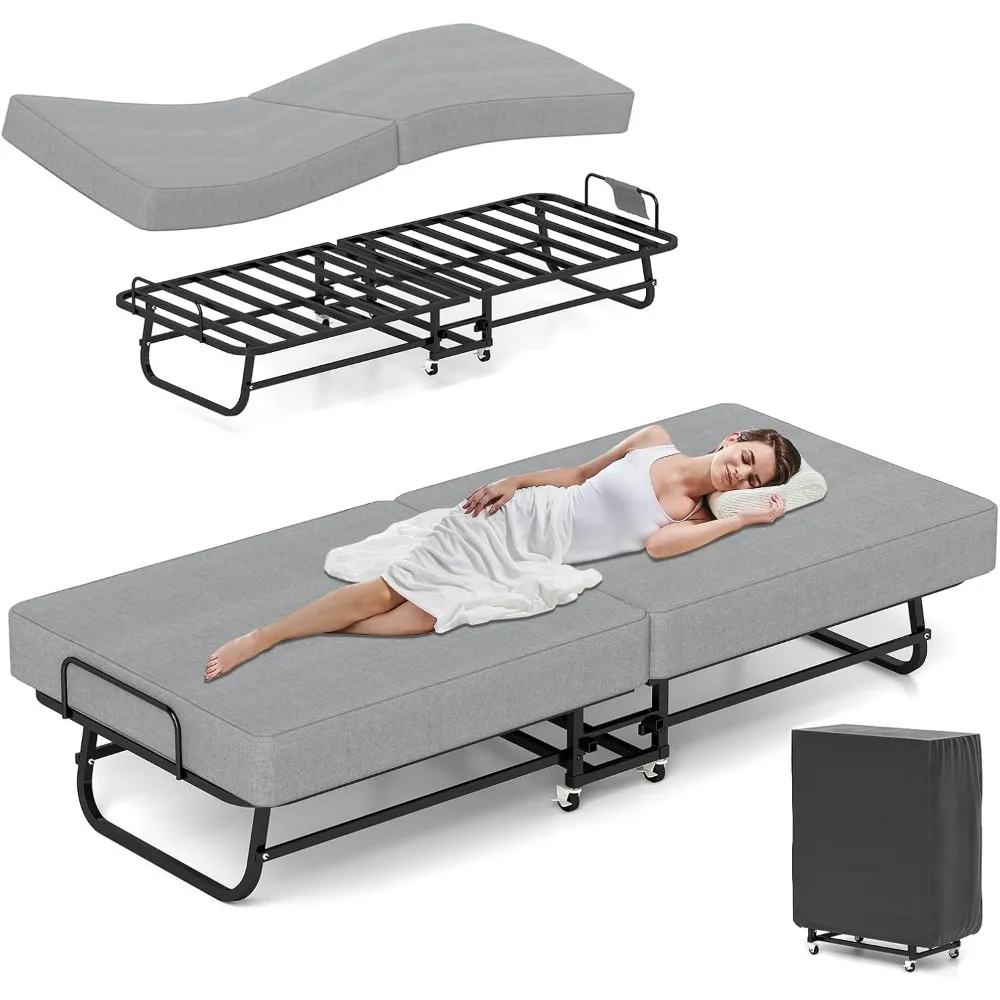 Folding Bed with Mattress, Portable Foldable Bed for Adults, Roll Away Bed Guest on Wheels, Memory Foam Mattress