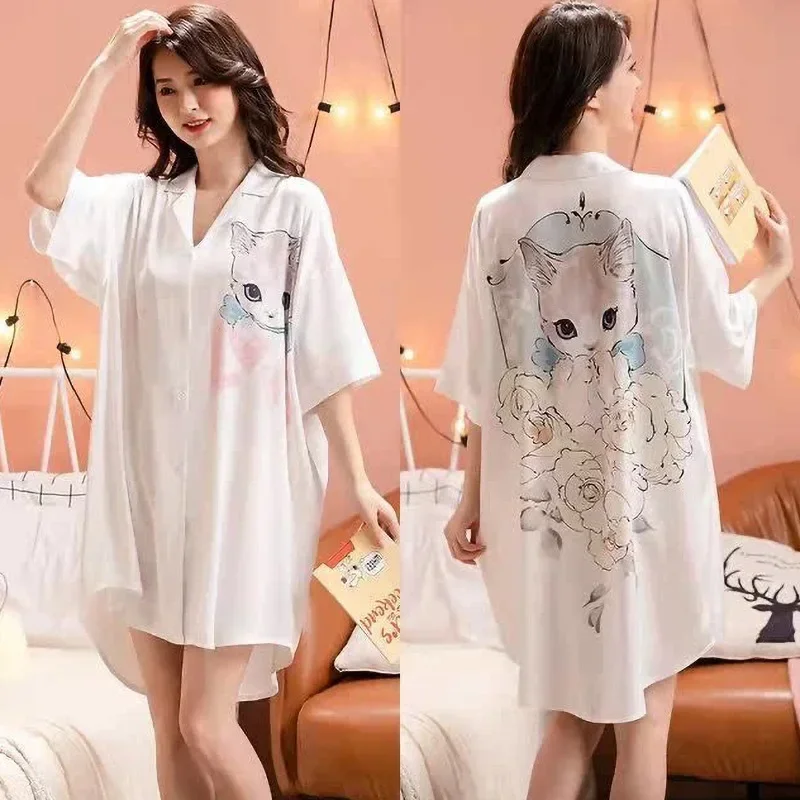 Camisón de seda satinada con manga corta y volantes para mujer, pijama Sexy con estampado de cerezas y oso pequeño, estilo princesa, cárdigan de verano