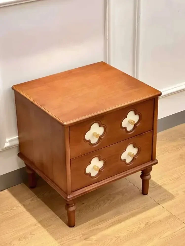 Wood Double Drawer Storage Cabinet,Four Leaf Clover Shell Bedroom Bedside Cabinet