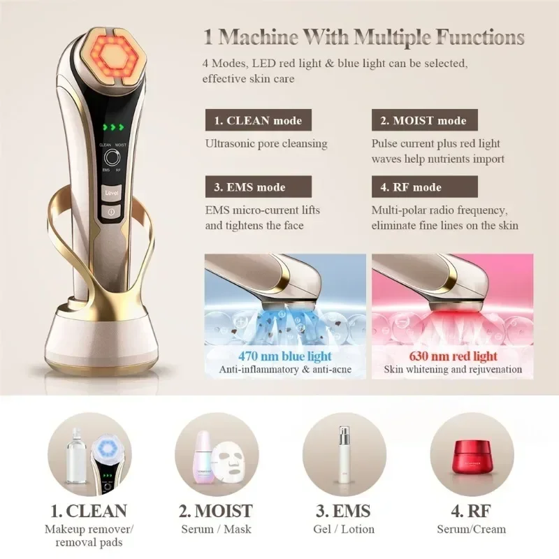 4 in 1 Facial Eye Lifting Care Multifunction EMS High Frequency Pulse LED Photon Massage Red Blue Light  Anti Aging Tighten