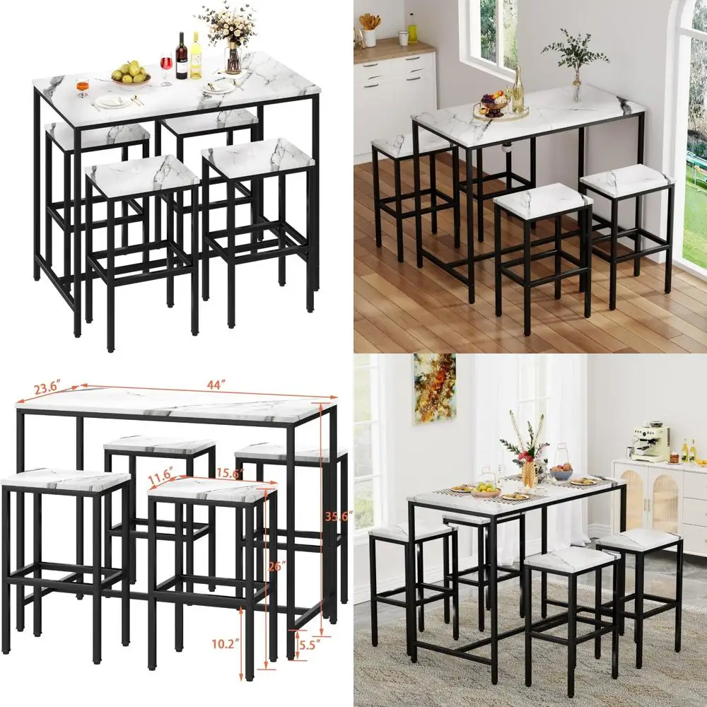 현대적인 5피스 금속 바 테이블 세트(스툴 4개 포함), 높은 카운터 식탁 가구