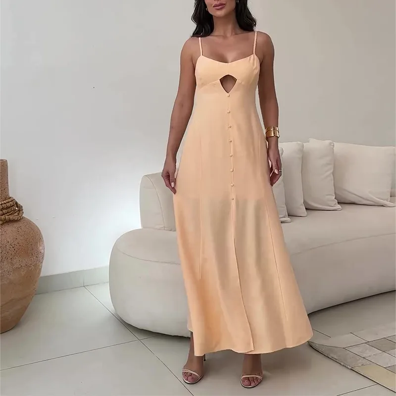 

Fashion Casual Hollow Out Party Gowns for Women Sexy Backless Solid Color Halter Dress Summer Fashion High Waisted Holiday Dress