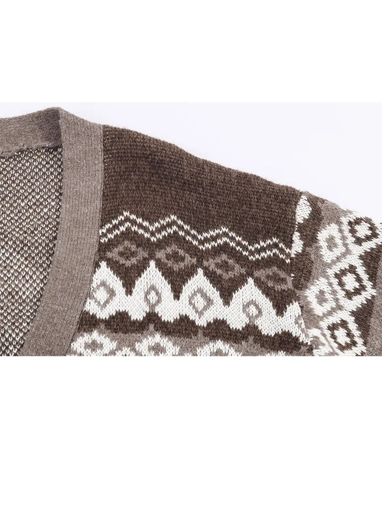 

HH Woman Winter Fashion Long Sleeves V Collar Single Breasted Jacquard Knitted Coat Female Casual Street Style Gentle Cardigan