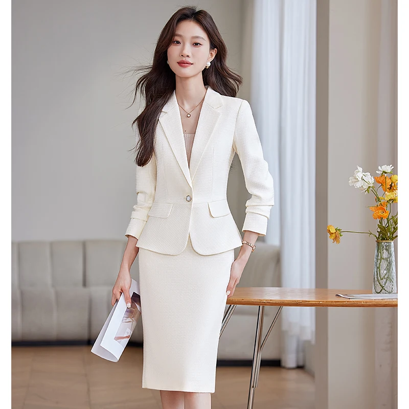 ZJYT-Ensemble blazer et jupe à un bouton pour femme, tenue de travail élégante, tenue de bureau blanche, 2 pièces, printemps 2025