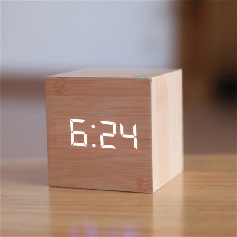 Wood Retro Square Digital LED Alarm Clock Glow Desktop Table Decor Voice Control Snooze Function Desk Clock