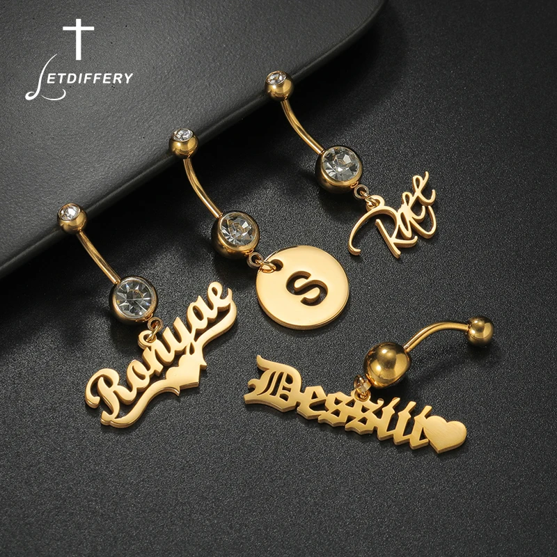 Letdiffery Custom Name Belly Button Rings for Women Stainless Steel Personalized White Zircon Sexy Body Piercing Summer Jewelry