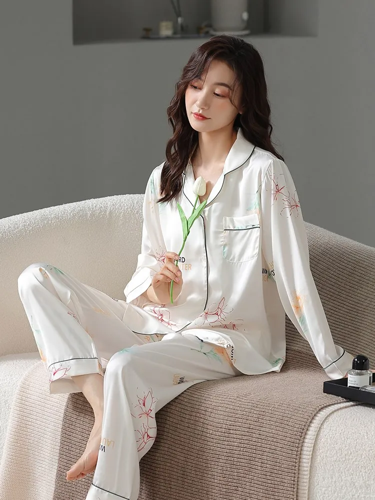 

Satin Ice Silk Pajama Women Print Pyjama With Trousers Homewear Fashion Long Sleeved Nightwear Thin White Pijama Pj Set For Lady