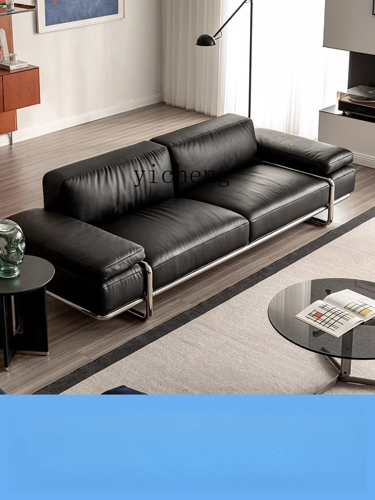 LSL Sofa Black Top Grain Leather Stainless Steel Iron Art Big Black Cowhide Genuine Leather Sofa