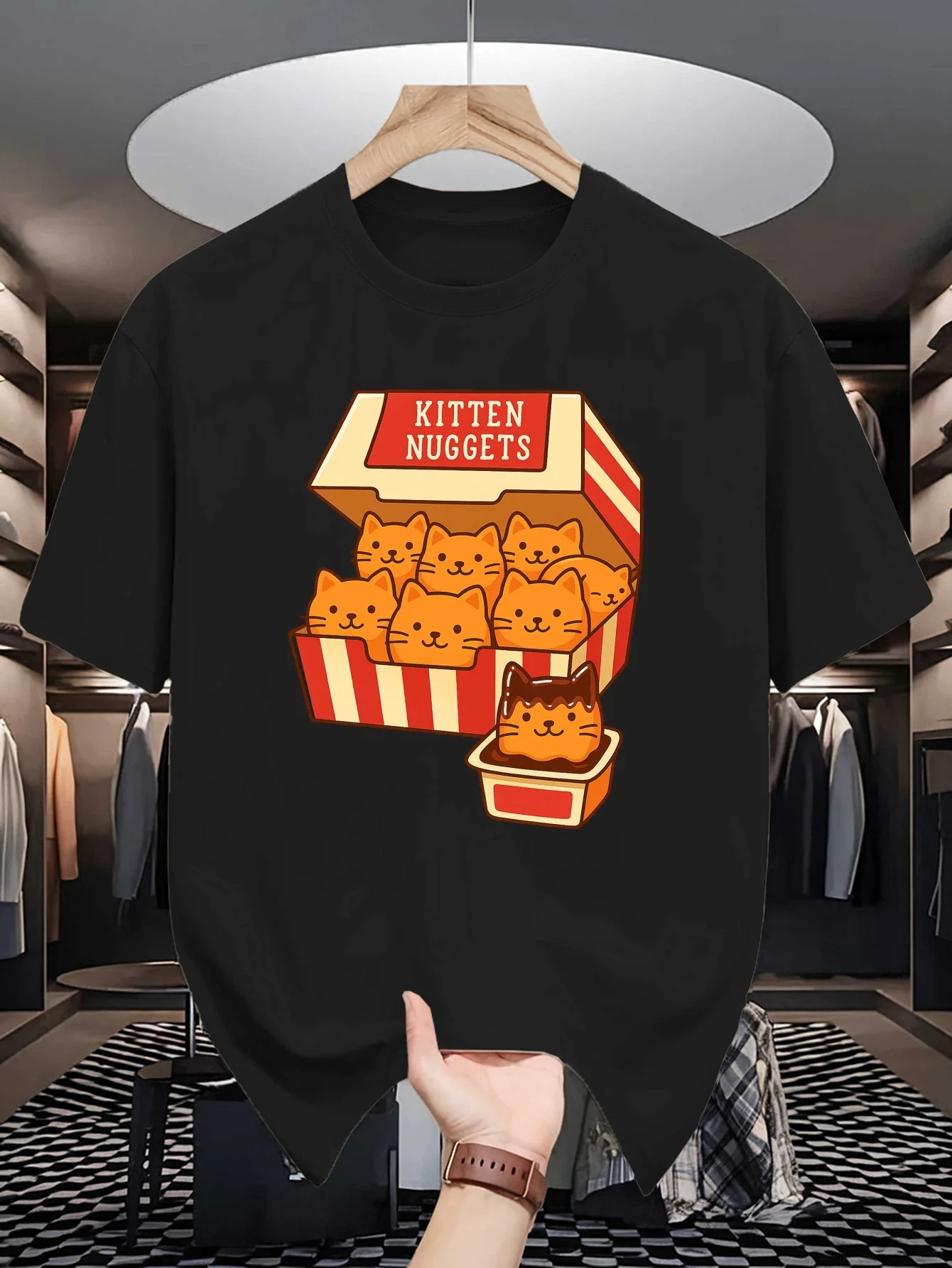 Mens Crew Neck T Shirt Cute Kitten Nuggets Cartoon Graphic Print Casual Summer Short Sleeve Streetwear Loose Fit Tops
