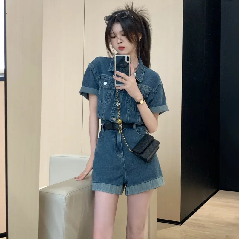 Pop Sommer Neue Stil Arbeitskleidung Denim Overall Shorts Für Frauen Mit EINEM Gürtel Taille Für Abnehmen Wirkung Gerollt Rand Breite Bein Hose