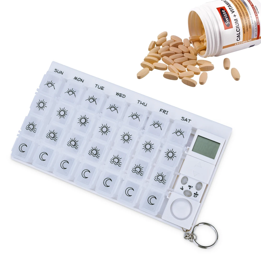 28 Grids Weekly 7 Days Pill Box Medicine Pill Case Organizer LED Timer Reminder Tablets Storage Pill Dispenser Alarm Clock