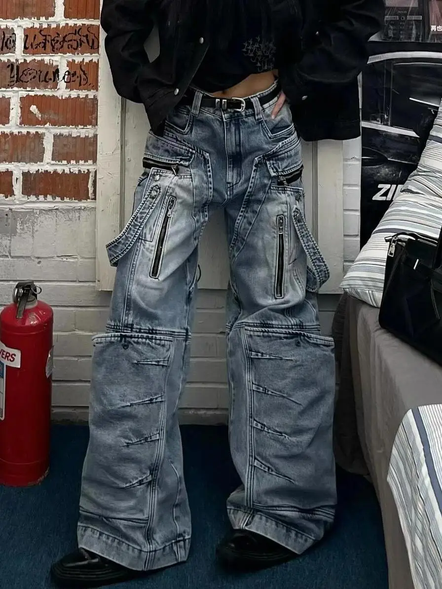 

Women Aesthetic Style Casual Jeans Y2K Punk Street Mop Full Length Pants 2025 Summer Vintage Baggy Zipper Lace-up Denim Trouser
