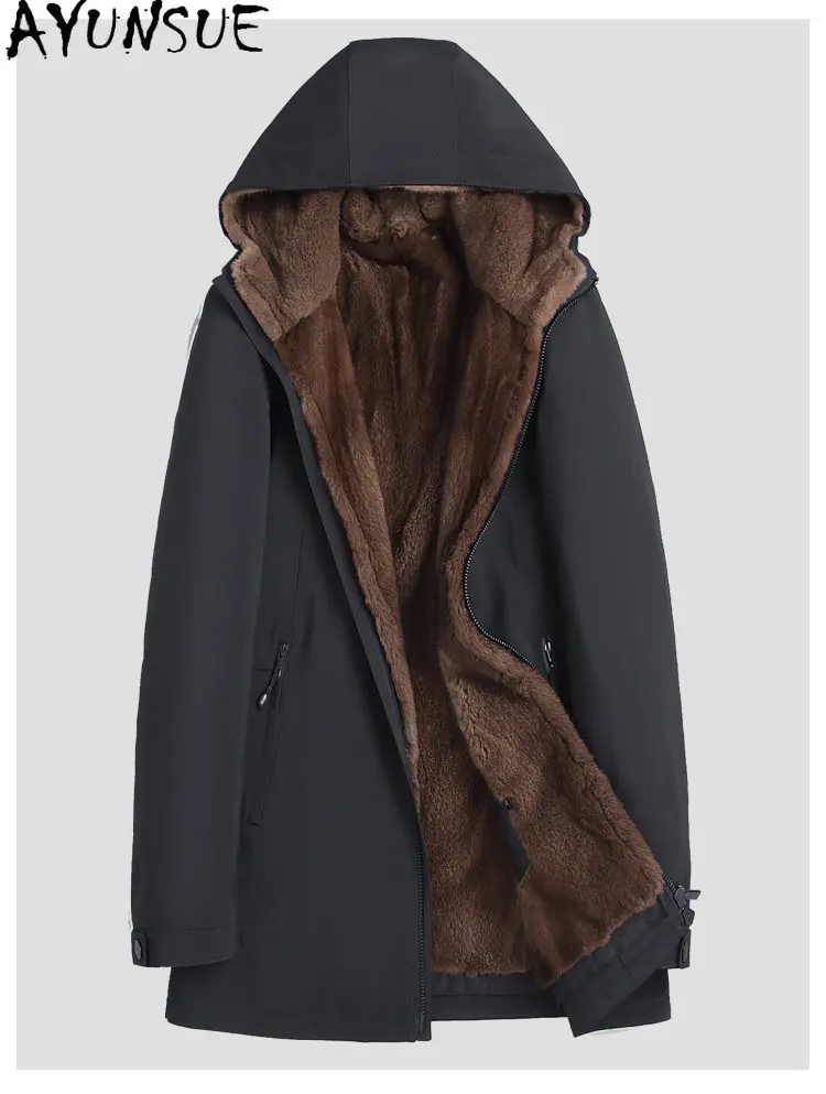 AYUNSUE High-end Real Fur Coat Man Winter Luxury Detachable Coffee Mink Fur Liner Jacket with Hood Mid-length Natural Fur Parkas